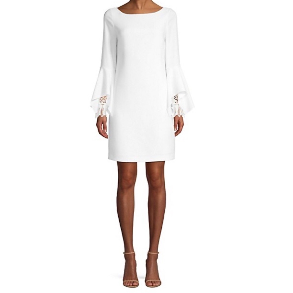 ELIE TAHARI Dori Boat Neck Flared Sleeve Shift Dress Fresh Pearl Ivory White 4
